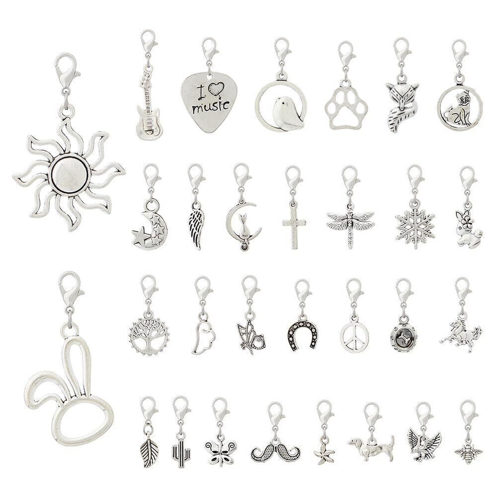 6567 60pcs Clip on Charms with Lobster Clasps 30 Styles Assorted Antique